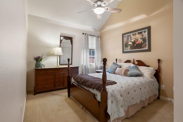 1869 Rio Blanco Dr, Frisco, TX 75033 - bedroom with light colored carpet, lofted ceiling, baseboards, and ceiling fan