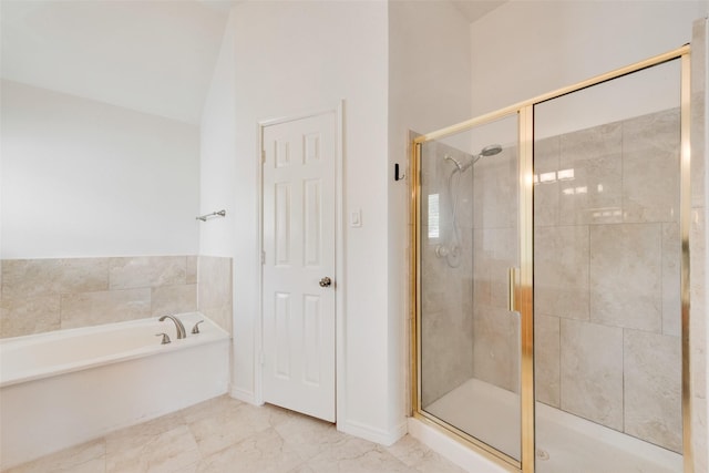 3448 Lark Meadow Way, Dallas, TX 75287 - full bathroom with a stall shower, a bath, baseboards, and vaulted ceiling