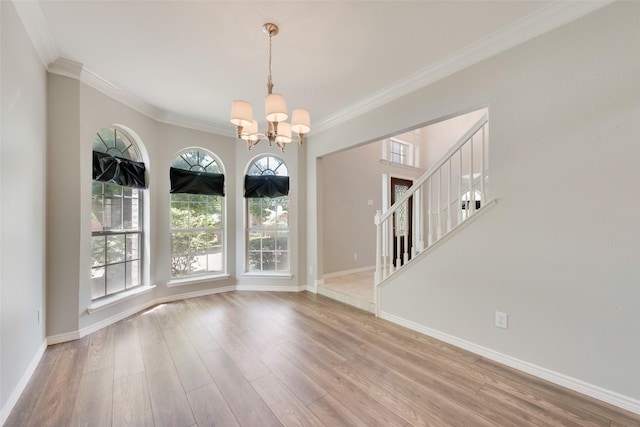 3448 Lark Meadow Way, Dallas, TX 75287 - unfurnished room featuring a chandelier, crown molding, wood finished floors, baseboards, and stairs