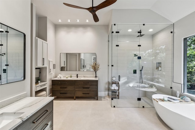 6617 Shady Creek Cir, Plano, TX 75024 - full bath with a stall shower, vanity, a ceiling fan, a soaking tub, and recessed lighting