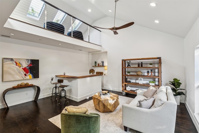 6617 Shady Creek Cir, Plano, TX 75024 - living area featuring wood finished floors, high vaulted ceiling, baseboards, recessed lighting, and ceiling fan
