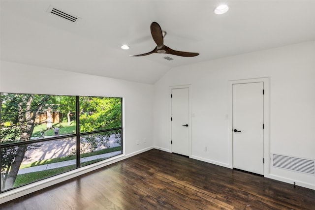 6617 Shady Creek Cir, Plano, TX 75024 - unfurnished bedroom with vaulted ceiling, dark wood-style floors, recessed lighting, baseboards, and a ceiling fan
