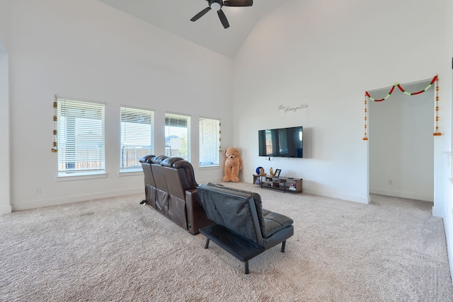 108 Laverna Ln, Hickory Creek, TX 75065 - living area featuring high vaulted ceiling, carpet floors, ceiling fan, and baseboards