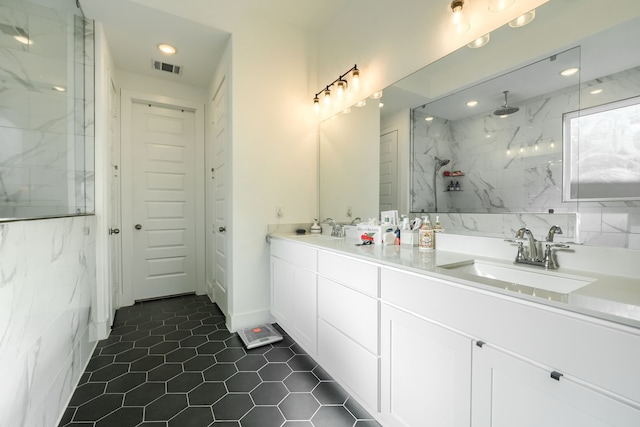 108 Laverna Ln, Hickory Creek, TX 75065 - full bath featuring recessed lighting, double vanity, tile patterned flooring, and a marble finish shower