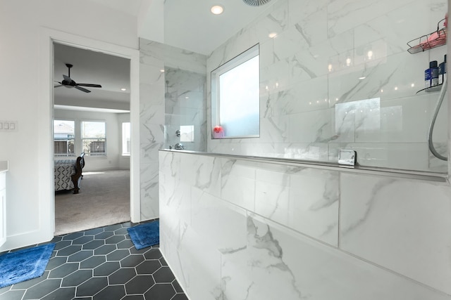 108 Laverna Ln, Hickory Creek, TX 75065 - bathroom featuring ensuite bathroom, a marble finish shower, ceiling fan, and recessed lighting