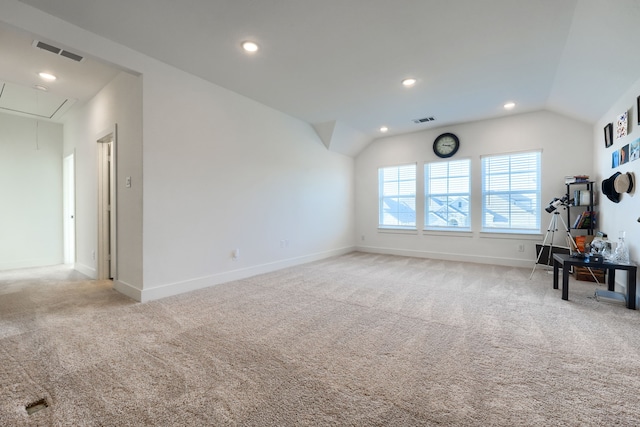 108 Laverna Ln, Hickory Creek, TX 75065 - unfurnished living room with attic access, light carpet, lofted ceiling, baseboards, and recessed lighting