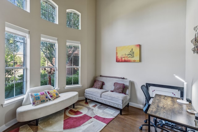 5736 New Castle Dr, Richardson, TX 75082 - office area featuring plenty of natural light, wood finished floors, baseboards, and a high ceiling