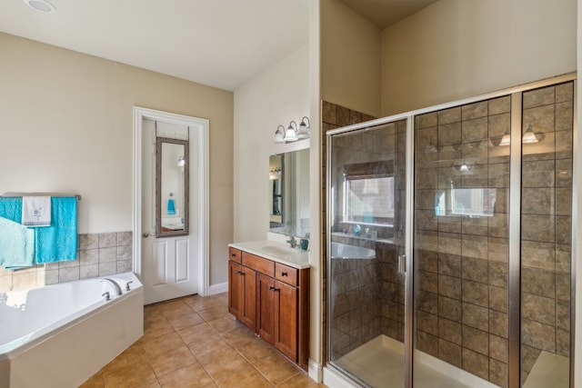 5736 New Castle Dr, Richardson, TX 75082 - bathroom with vanity, a shower stall, tile patterned floors, and a garden tub
