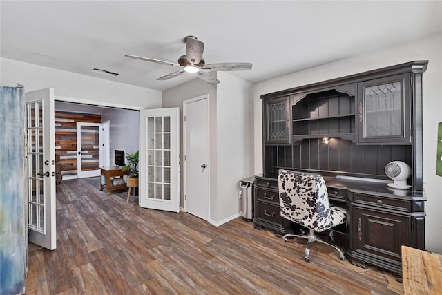 1603 Versailles Dr, Richardson, TX 75081 - office space featuring french doors, dark wood-style flooring, a ceiling fan, baseboards, and built in study area