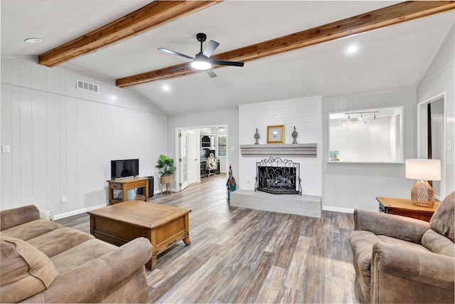 1603 Versailles Dr, Richardson, TX 75081 - living room with wood finished floors, a ceiling fan, a fireplace, baseboards, and recessed lighting