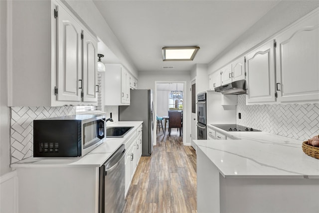 1603 Versailles Dr, Richardson, TX 75081 - kitchen featuring appliances with stainless steel finishes, under cabinet range hood, light wood-type flooring, light stone counters, and white cabinetry