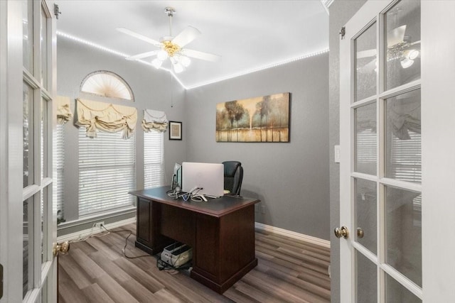 810 W Lonesome Dove Trl, Arlington, TX 76001 - office space featuring wood finished floors, baseboards, a ceiling fan, and lofted ceiling
