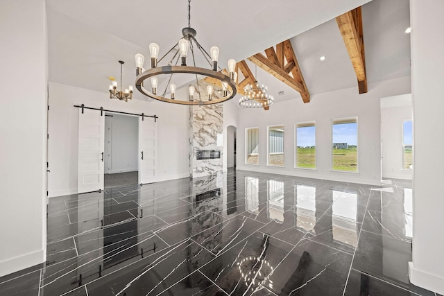 10611 Millet Ln, Venus, TX 76084 - empty room featuring a chandelier, a barn door, beam ceiling, high vaulted ceiling, and baseboards