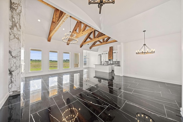 10611 Millet Ln, Venus, TX 76084 - living room with a chandelier, high vaulted ceiling, baseboards, and beam ceiling
