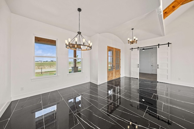 10611 Millet Ln, Venus, TX 76084 - empty room with a chandelier, a barn door, baseboards, and vaulted ceiling