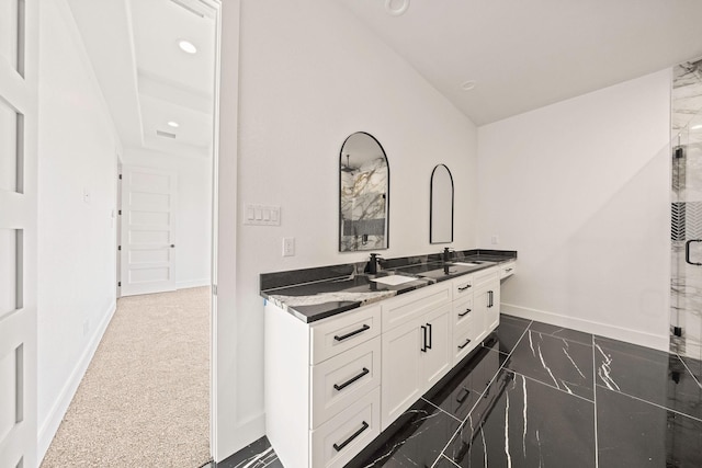 10611 Millet Ln, Venus, TX 76084 - bathroom featuring double vanity, baseboards, marble finish flooring, a shower, and recessed lighting