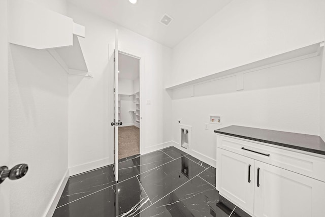 10611 Millet Ln, Venus, TX 76084 - washroom featuring hookup for an electric dryer, hookup for a washing machine, baseboards, dark marble finish flooring, and recessed lighting