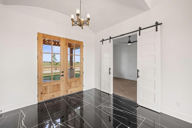10611 Millet Ln, Venus, TX 76084 - foyer featuring a barn door, a chandelier, vaulted ceiling, and baseboards