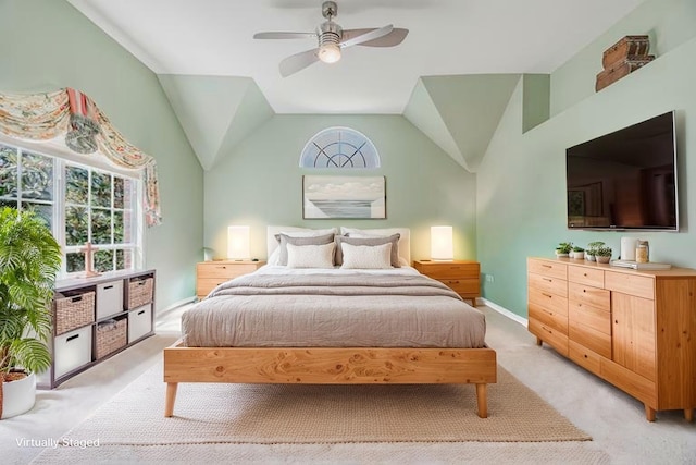 6720 Grant Ln, Plano, TX 75024 - bedroom featuring light colored carpet, baseboards, vaulted ceiling, and ceiling fan