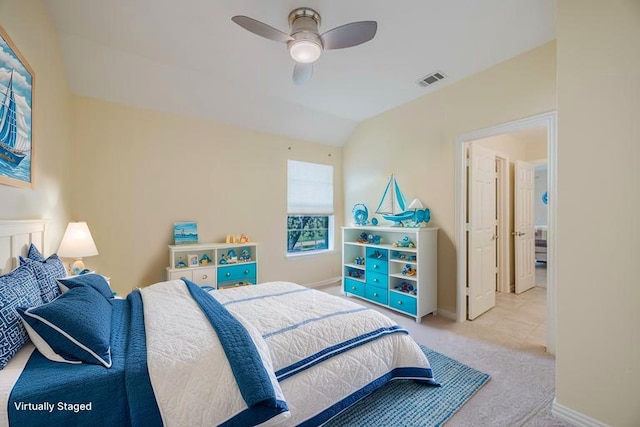 6720 Grant Ln, Plano, TX 75024 - carpeted bedroom with vaulted ceiling, baseboards, and ceiling fan