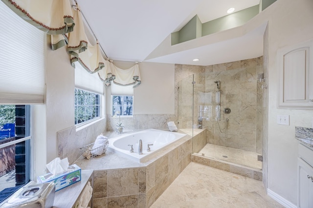 6720 Grant Ln, Plano, TX 75024 - full bathroom with a garden tub, a shower stall, lofted ceiling, and vanity