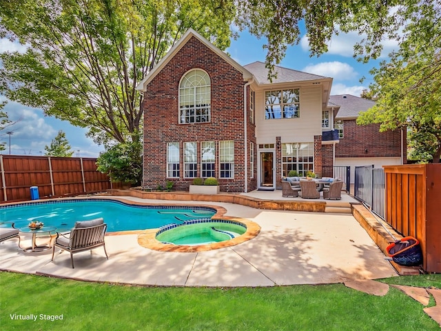6720 Grant Ln, Plano, TX 75024 - back of property with brick siding, a fenced backyard, a patio area, and an outdoor hangout area