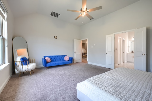 1733 Ann St, Celina, TX 75009 - bedroom with high vaulted ceiling, light carpet, baseboards, ensuite bathroom, and a ceiling fan
