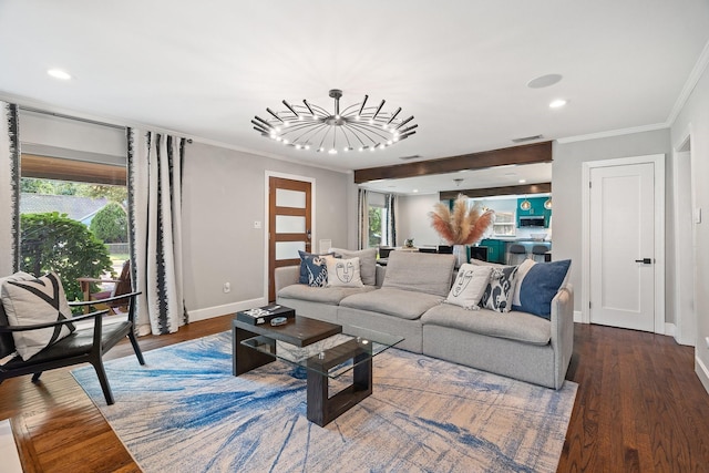 5308 Parkland Ave, Dallas, TX 75235 - living room with crown molding, a chandelier, baseboards, wood finished floors, and recessed lighting