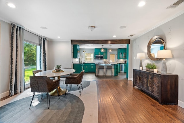 5308 Parkland Ave, Dallas, TX 75235 - dining room with ornamental molding, recessed lighting, dark wood-style flooring, and baseboards