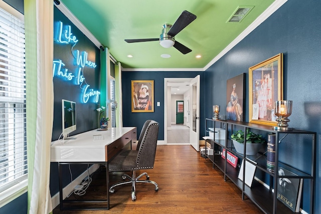 5308 Parkland Ave, Dallas, TX 75235 - home office featuring ceiling fan, wood finished floors, plenty of natural light, ornamental molding, and baseboards