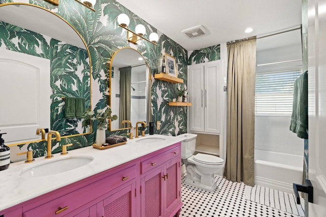 5308 Parkland Ave, Dallas, TX 75235 - bathroom featuring wallpapered walls, toilet, double vanity, tile patterned flooring, and shower / washtub combination