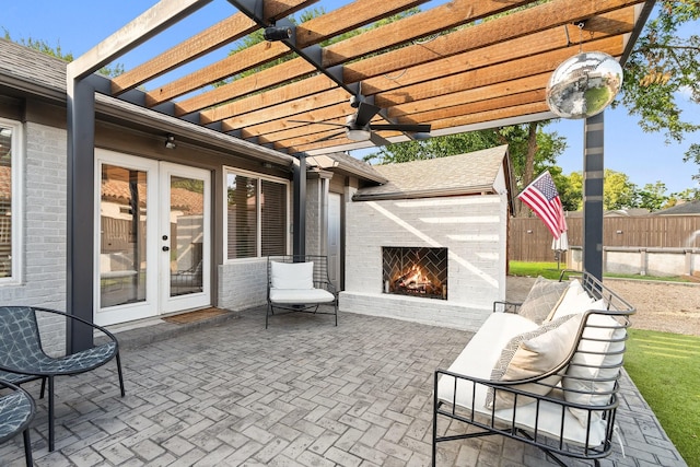 5308 Parkland Ave, Dallas, TX 75235 - view of patio featuring an outdoor brick fireplace, french doors, a ceiling fan, and a pergola