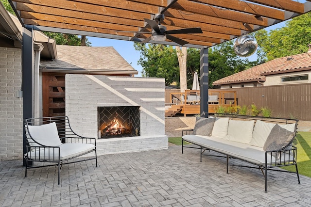 5308 Parkland Ave, Dallas, TX 75235 - view of patio / terrace with an outdoor brick fireplace, a ceiling fan, and a pergola