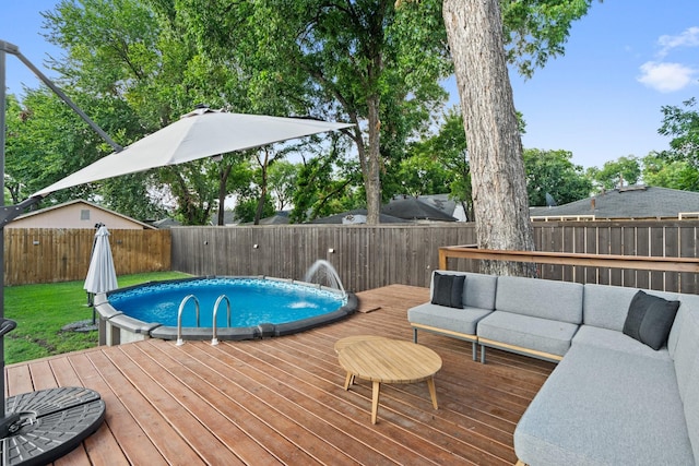 5308 Parkland Ave, Dallas, TX 75235 - view of swimming pool with an outdoor living space, a wooden deck, and a fenced backyard