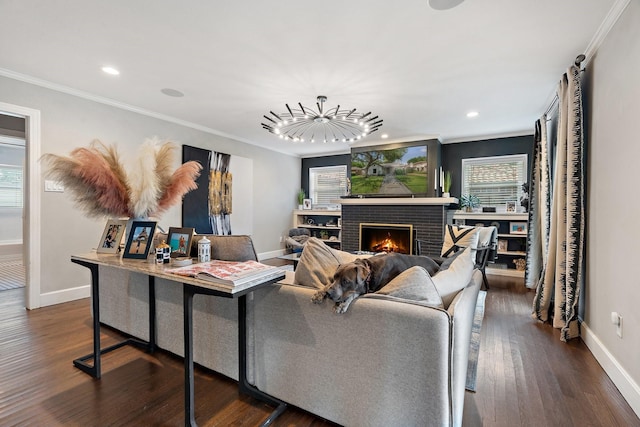 5308 Parkland Ave, Dallas, TX 75235 - living room featuring ornamental molding, baseboards, a fireplace, dark wood finished floors, and recessed lighting