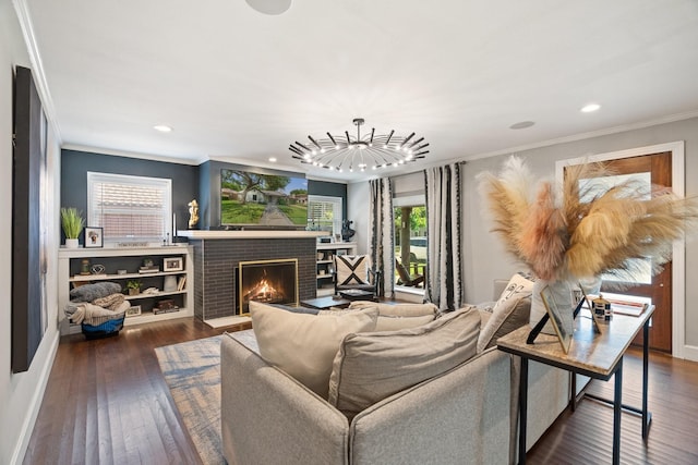 5308 Parkland Ave, Dallas, TX 75235 - living room with crown molding, a fireplace, hardwood / wood-style floors, recessed lighting, and baseboards