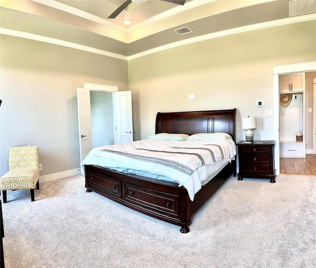 180 Cant Miss, Gordon, TX 76453 - bedroom with light colored carpet, ornamental molding, baseboards, and a tray ceiling