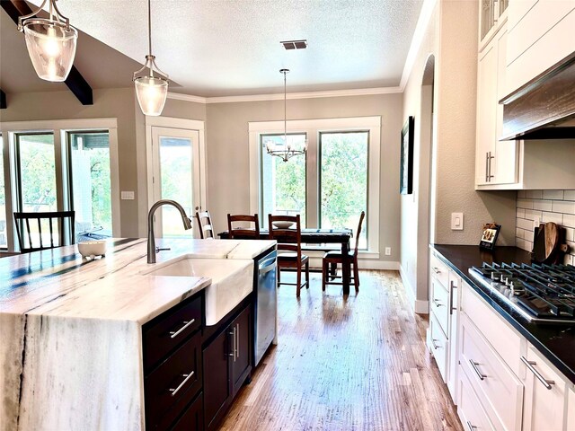 180 Cant Miss, Gordon, TX 76453 - kitchen with a sink, stainless steel appliances, a textured ceiling, custom range hood, and healthy amount of natural light
