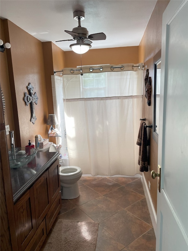 2620 County Road 1102, Grandview, TX 76050 - full bathroom featuring toilet, ceiling fan, vanity, and tile patterned flooring