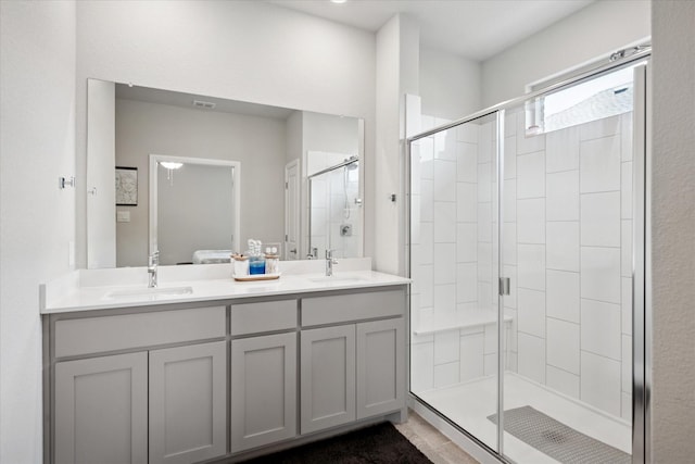 5213 Meadow Ln, Krum, TX 76249 - full bathroom with a shower stall and double vanity