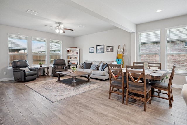5213 Meadow Ln, Krum, TX 76249 - living room featuring light wood-style floors, ceiling fan, baseboards, and recessed lighting