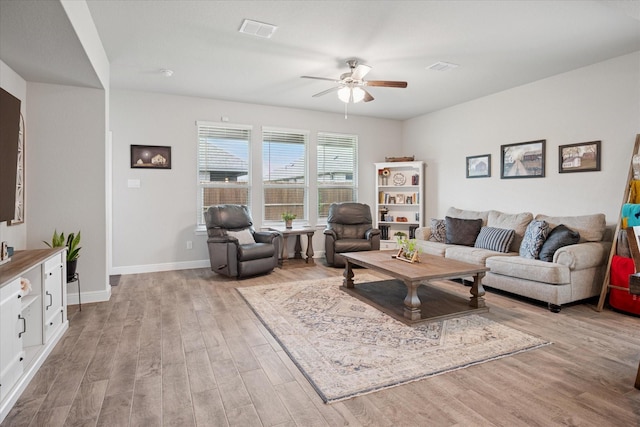 5213 Meadow Ln, Krum, TX 76249 - living area featuring ceiling fan, light wood-style flooring, and baseboards