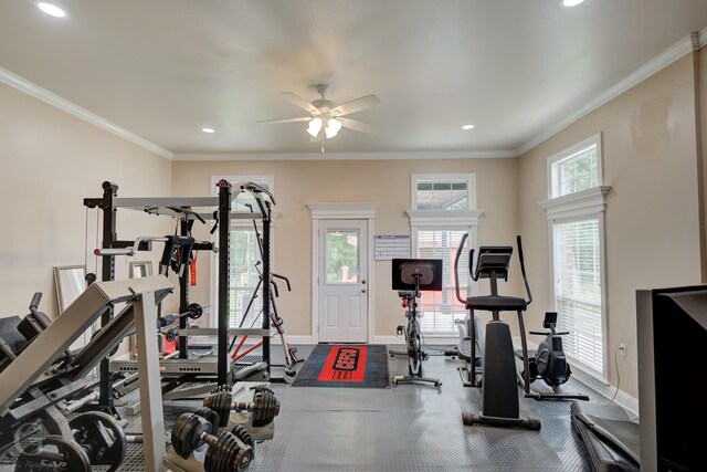 4002 Wilderness Ln, Bossier City, LA 71111 - exercise area with baseboards, recessed lighting, a ceiling fan, and crown molding