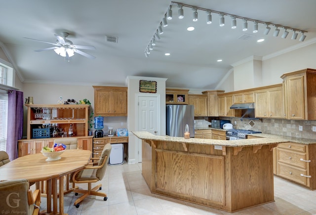4002 Wilderness Ln, Bossier City, LA 71111 - kitchen with appliances with stainless steel finishes, track lighting, ceiling fan, vaulted ceiling, and light tile patterned floors