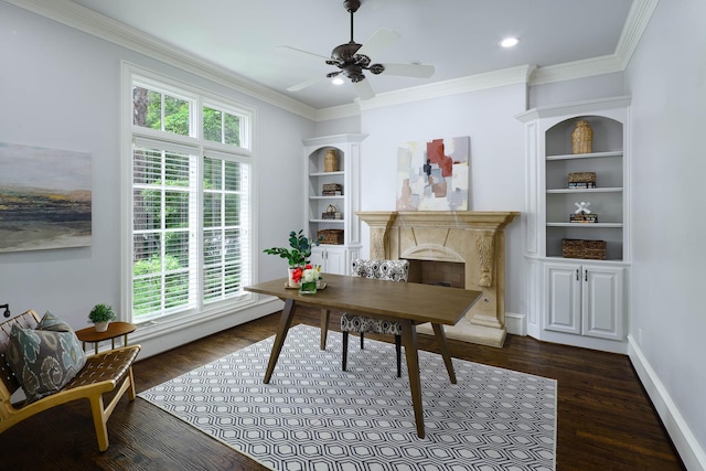 2900 Amherst Ave, University Park, TX 75225 - office area featuring dark wood-style floors, a premium fireplace, ceiling fan, ornamental molding, and baseboards