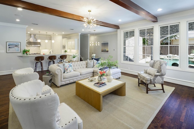 2900 Amherst Ave, University Park, TX 75225 - living area with beamed ceiling, wood finished floors, baseboards, recessed lighting, and ornamental molding