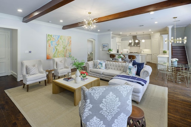 2900 Amherst Ave, University Park, TX 75225 - living area featuring beamed ceiling, a chandelier, dark wood finished floors, recessed lighting, and arched walkways