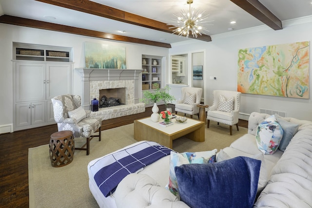 2900 Amherst Ave, University Park, TX 75225 - living room featuring a chandelier, beam ceiling, wood finished floors, a fireplace, and recessed lighting