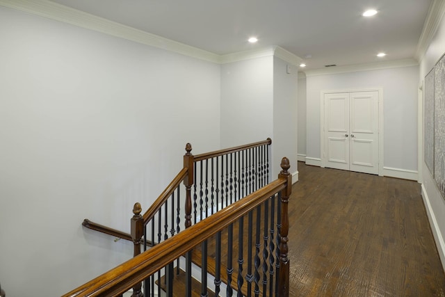 2900 Amherst Ave, University Park, TX 75225 - hall with an upstairs landing, recessed lighting, dark wood-style floors, crown molding, and baseboards