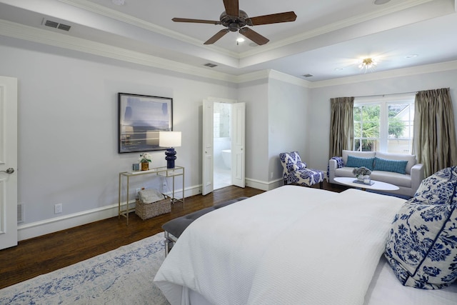 2900 Amherst Ave, University Park, TX 75225 - bedroom featuring wood finished floors, baseboards, ornamental molding, a raised ceiling, and ceiling fan